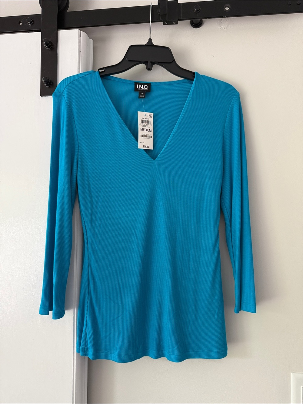 INC International Concepts Bright Teal V-Neck Long Sleeve Top